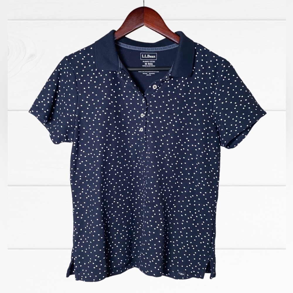LL Bean Womens Navy Blue Polka Dot Size Medium Cotton Collared Polo Shirt